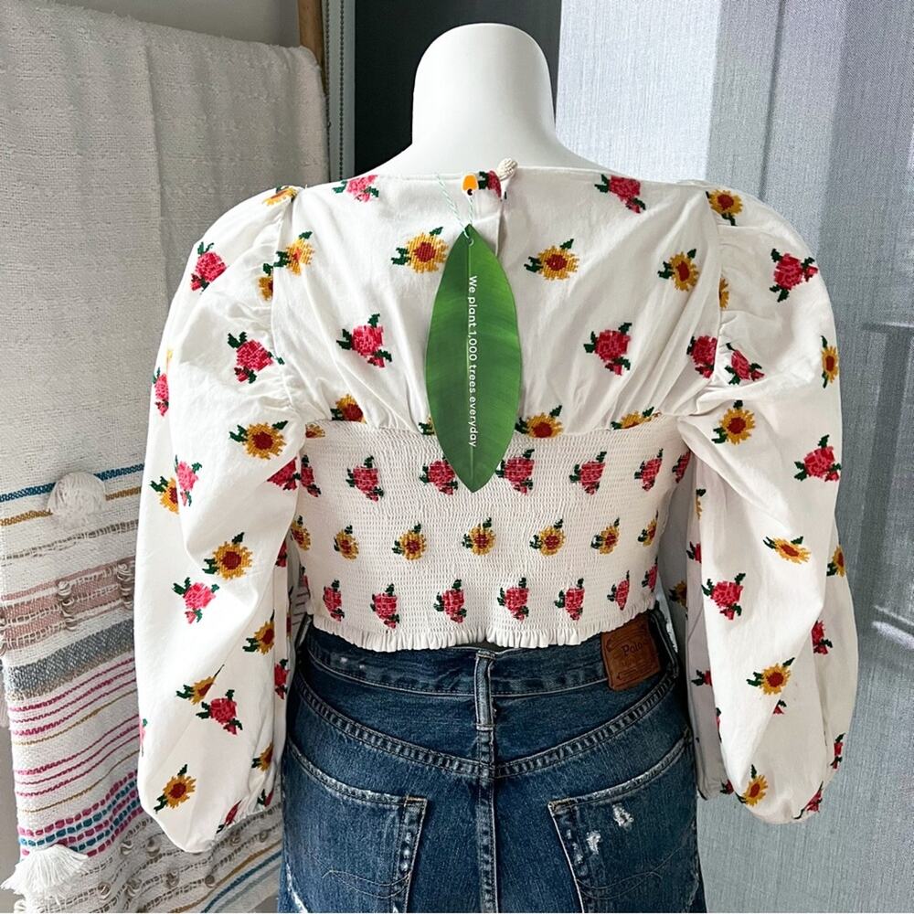Farm Rio Mixed Cross Stitch Flowers Embroidered Long Balloon Sleeves Crop Top XL - Picture 4 of 14